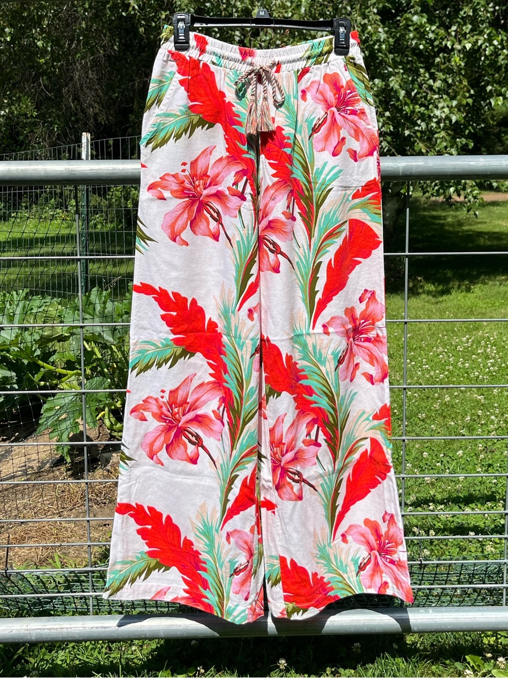 For Cynthia Linen Tropical Floral Palazzo Wide Leg Pants Size S Resort Vacation